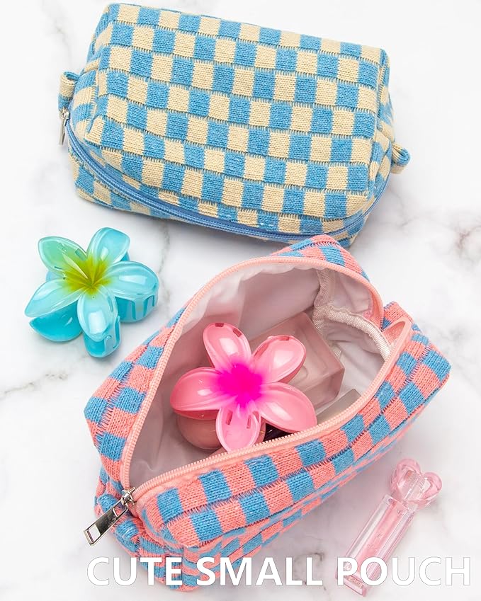 Checkered Makeup Bag for Purse, Small Travel Cosmetic Pouch,Red Blue