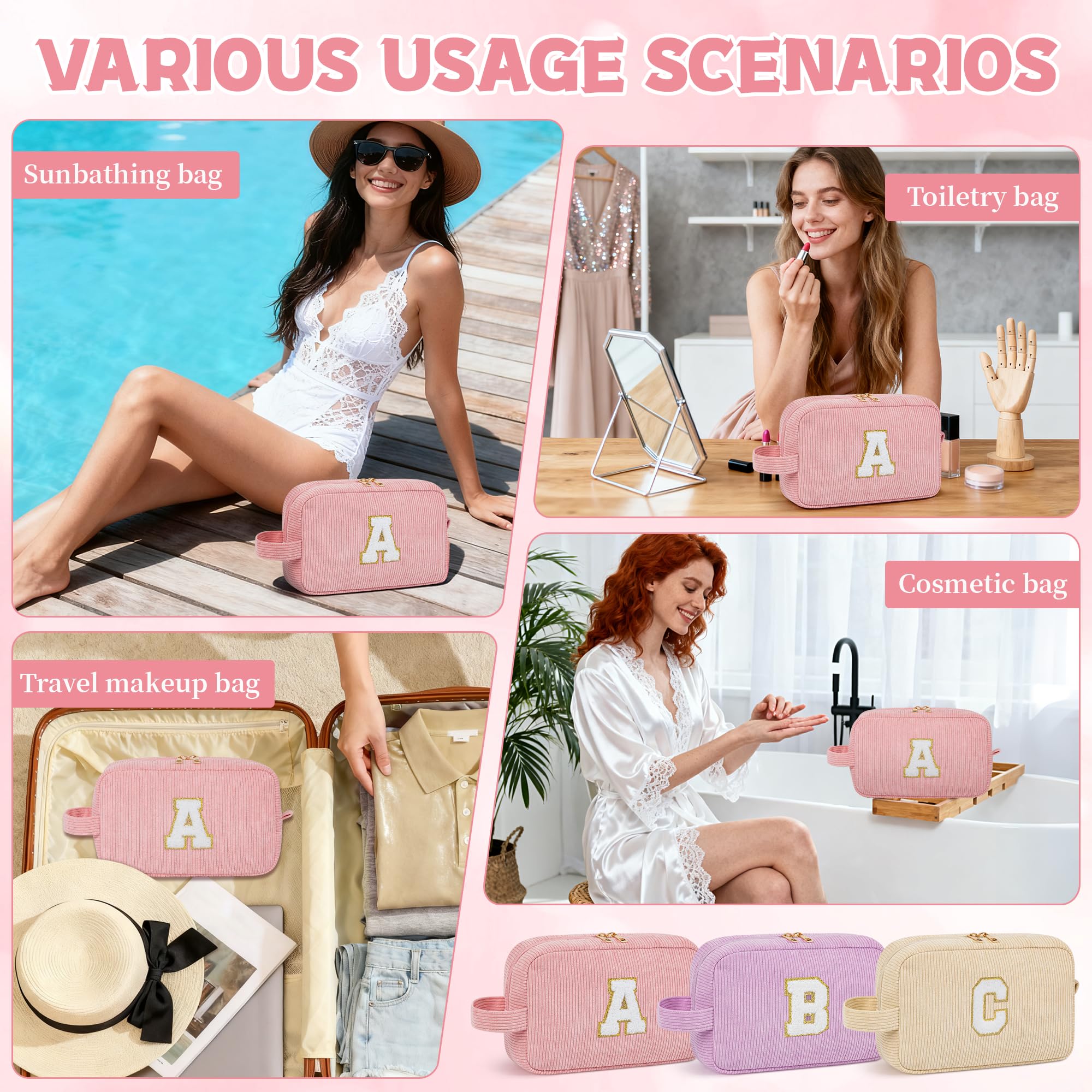 WELIDAY Initial Makeup Bag, Birthday Gift Preppy Chenille Patch Cosmetic Bag, Initial Travel Essentials Beach Toiletry Pouch, Ideal Gift for Teachers & Moms, Women and Girls (Blush Pink, A)