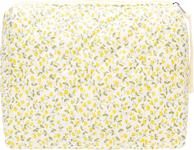 Quilted Makeup Pouch for Women, Travel Cosmetic&Toiletry Bag,Floral Yellow
