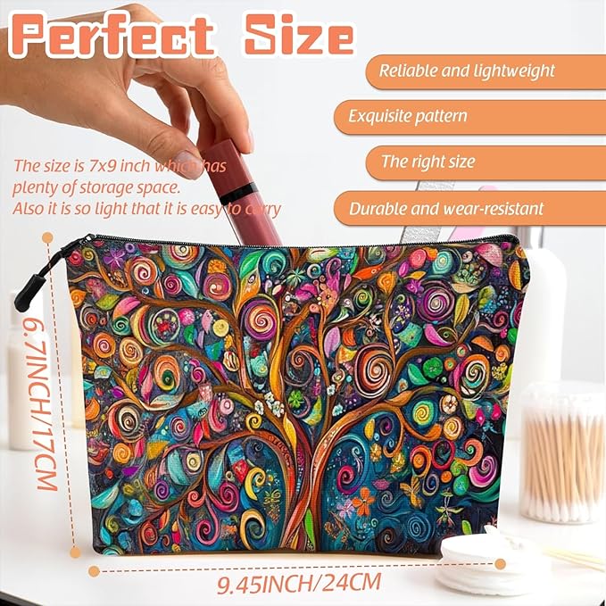 Scribesense Cosmetic Bags Travel Makeup Toilet Case Waterproof Pouch for Women Girls 6.7X9.45inches - Colorful Abstract Tree With Swirling Patterns