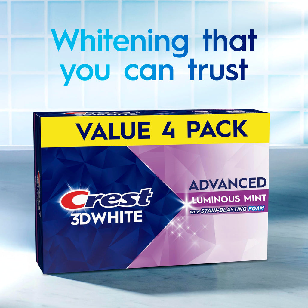Crest 3D White Advanced, Teeth Whitening Toothpaste for Adults, 3.7 oz, 4 Pack, Cavity Protection Fluoride Toothpaste, Strengthens Enamel, Travel Size Toiletries