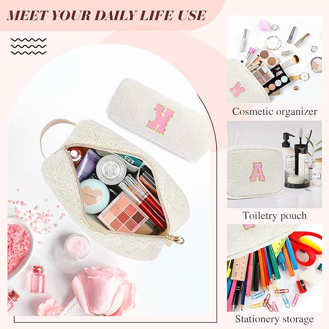 for Christmas Day Gifts, Travel Makeup Bag for Women, Initial Make Up Bag Set for 6 7 8 9 10 11 12 13 Years Old Kids Tween Girls, Large Cosmetic Skincare Bags for Birthday Gifts, White K