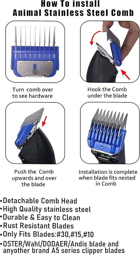 Dog Stainless Steel 8 Color Comb Compatible with andis oster A5 wahl km10