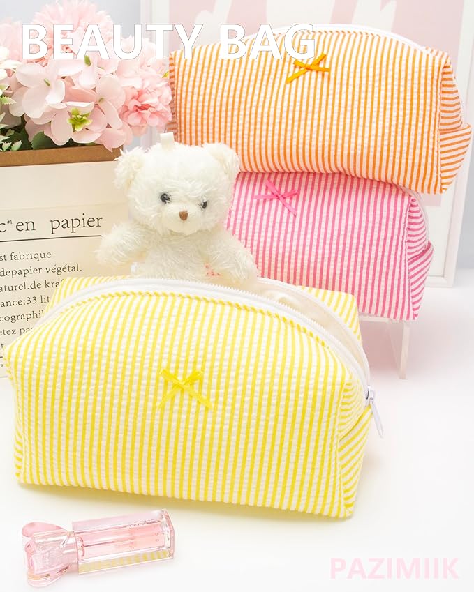 Cozy Makeup Bag for Women,Zipper Cosmetic Pouch,Stripe Yellow,6 Pack