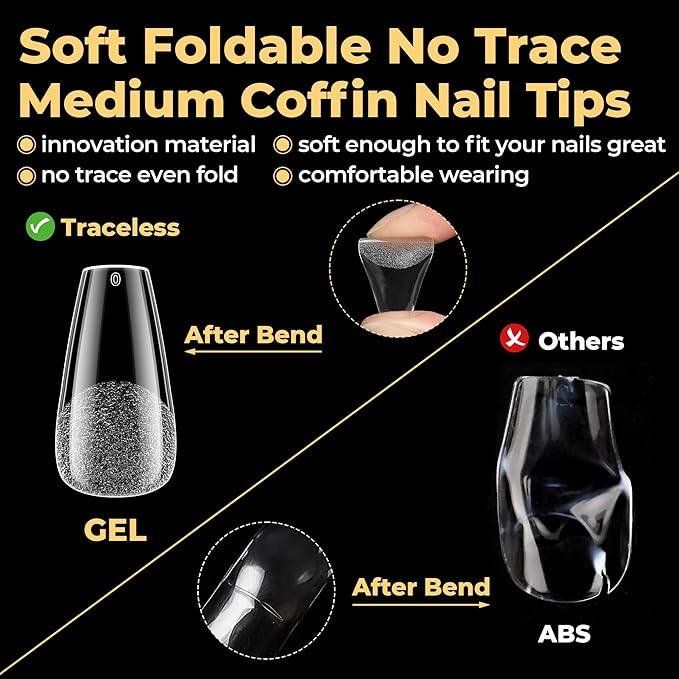 UNA GELLA 600Pcs Medium Coffin Nails Tips, Gel Nail Tips Coffin Pre Etched Press On Nails Fake Soft Gel Nail Tips For Nail Extension Ombre Stlye Art Home DIY Salon 12 Sizes