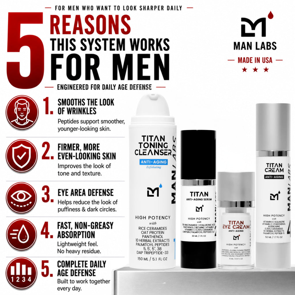 Man Labs Titan Sports 4pc Anti-Aging Mens Skin Care Kit, Mens Face Care Kit