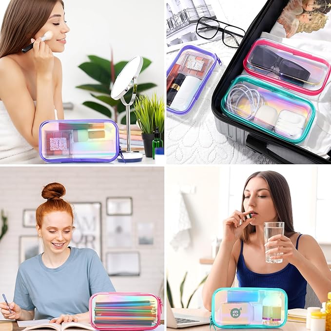 Hoolerry 3 Pcs Clear Hard Zipper Case Hard Plastic Zipper Pouch Makeup Bag Portable Travel Organizer for Cosmetics, Office Supplies, Documents & Toiletries(Laser,S)