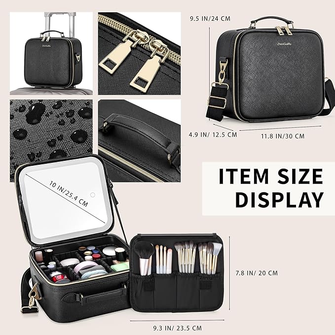 ZhenGuiRu Travel Makeup Bag with LED Mirror, Portable Cosmetic Case Organizer with Lighted Mirror, Waterproof Makeup Case for Cosmetic Brush Holder Storage, Black Toiletry Bag for Women Gift