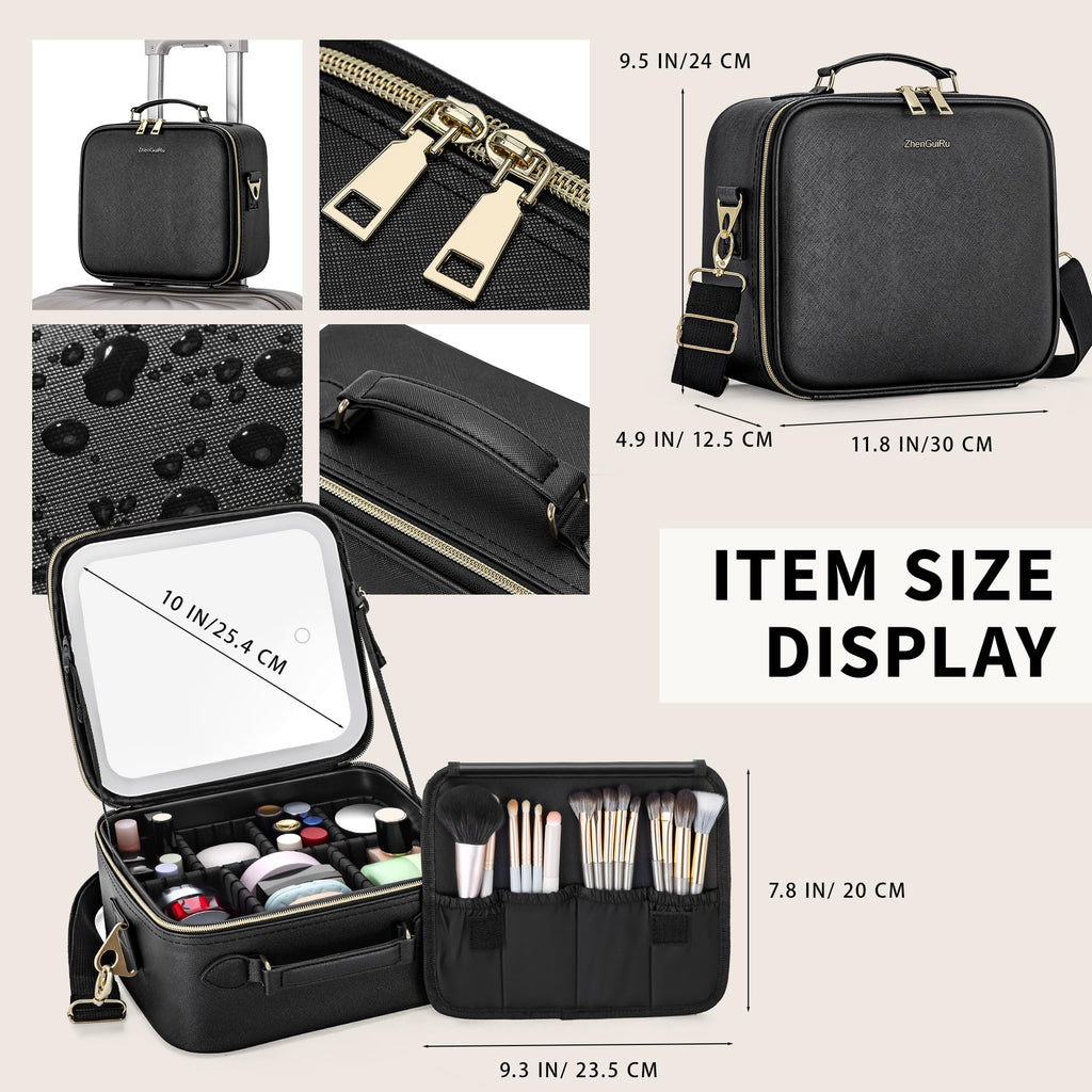ZhenGuiRu Travel Makeup Bag with LED Mirror, Portable Cosmetic Case Organizer with Lighted Mirror, Waterproof Makeup Case for Cosmetic Brush Holder Storage, Black Toiletry Bag for Women Gift