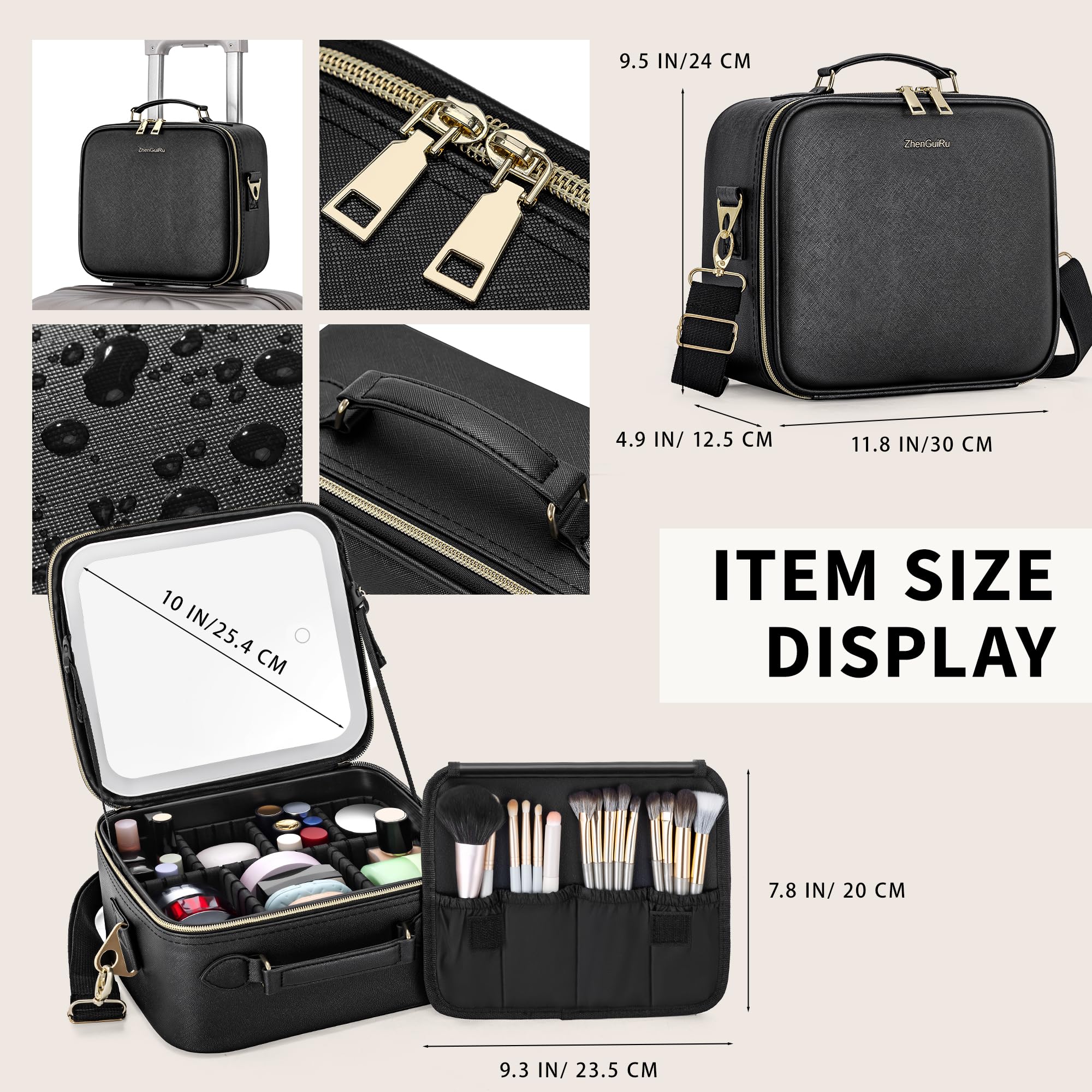 ZhenGuiRu Travel Makeup Bag with LED Mirror, Portable Cosmetic Case Organizer with Lighted Mirror, Waterproof Makeup Case for Cosmetic Brush Holder Storage, Black Toiletry Bag for Women Gift