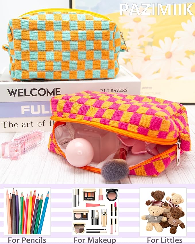 Checkered Makeup Bag for Purse, Small Travel Cosmetic Pouch,Red Orange