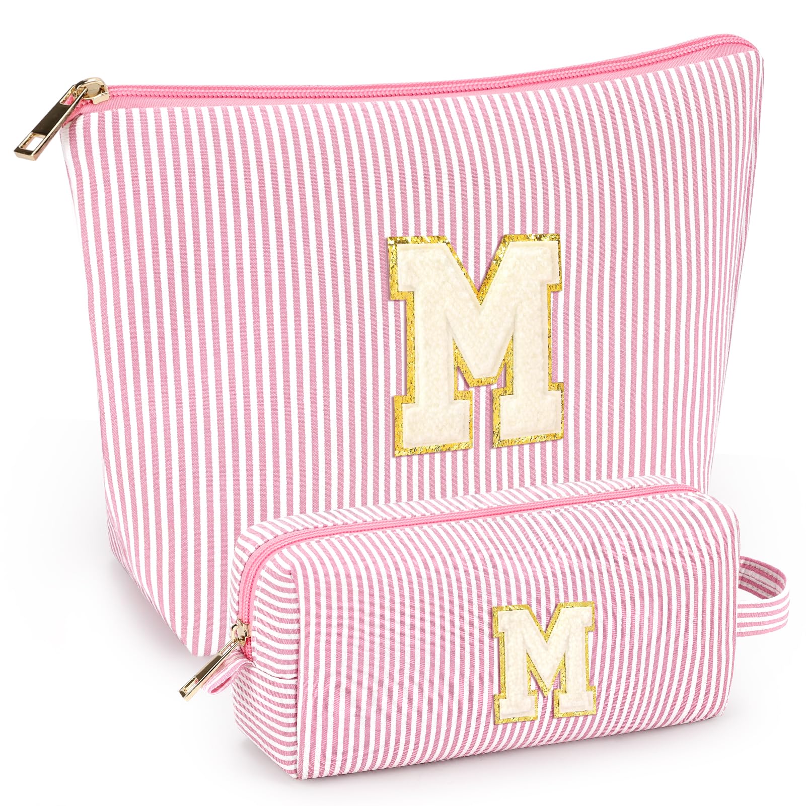 mibasies 2 PCS Initial Makeup Bags: Mothers Day Gifts for Women - Best Friend Birthday Gifts Graduation Gifts Wedding Bridesmaid Girlfriend Wife Daughter Sister Girl Gifts - Light Pink M