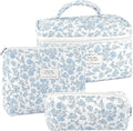 URSKYTOUS 3Pcs Makeup Bag Quilted Cosmetic Bag Set Bow Travel Large Makeup Pouch for Women Cute Portable Cotton Toiletry Bag Skincare Organizer Coquette Vintage Travel Essential