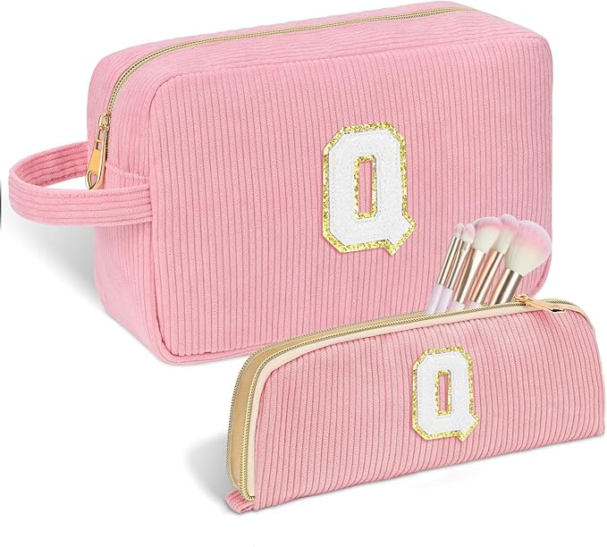 Sernaxi Personalized Initial Makeup Bag Trendy Stuff Corduroy Cosmetic Bag Travel Toiletry Bag, Valentine’s Day Gift Makeup Organizer Case & Makeup Pouch for Women teen Girls Mom Girlfriend Wife