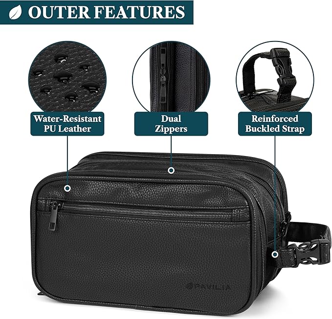 PAVILIA Toiletry Bag for Men, Travel Toiletries Bag | Water-resistant Dopp Kit, PU Leather Shaving Pouch Organizer for Accessories, Cosmetic, Hygiene, Grooming Essentials (XL, Black)
