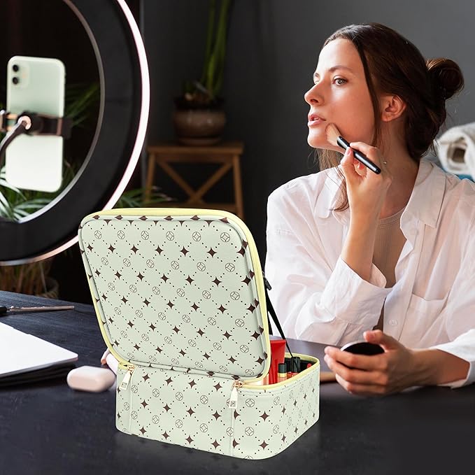 M Y U R E N Travel Makeup Bag,Waterproof Cosmetic Organizer, Adjustable Dividers,Portability Cosmetic Train Case,Makeup organizer,Gift for Women,Girls Gift (Green+Yello)