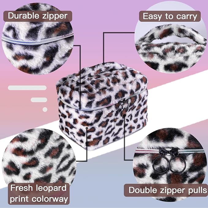 imerelez Plush Makeup Bag for Women, Leopard Print Faux Fur Travel Cosmetic Organizer, 10.2 x 7 x 7 in Soft Fluffy Toiletry Bag for Makeup, Skincare and Beauty Essentials (Beige)