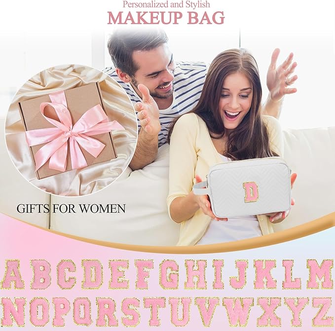 Personalized Initial Makeup Bag Trendy Stuff Leather Waterproof Cosmetic Bag Travel Toiletry Bag, Makeup Organizer Case Mother's Day/Birthday/Graduation Gifts for Women Girls Mom Girlfriend White.