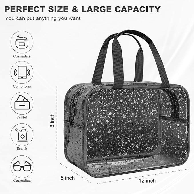 Junesters Clear Black Star Large Makeup Bag with Star Pattern 12x5x8 inch, Travel Cosmetic Bag with Handle, Durable PVC Material Washbag Zipper Opening Design for Makeup Travel Organizer or Gym Use