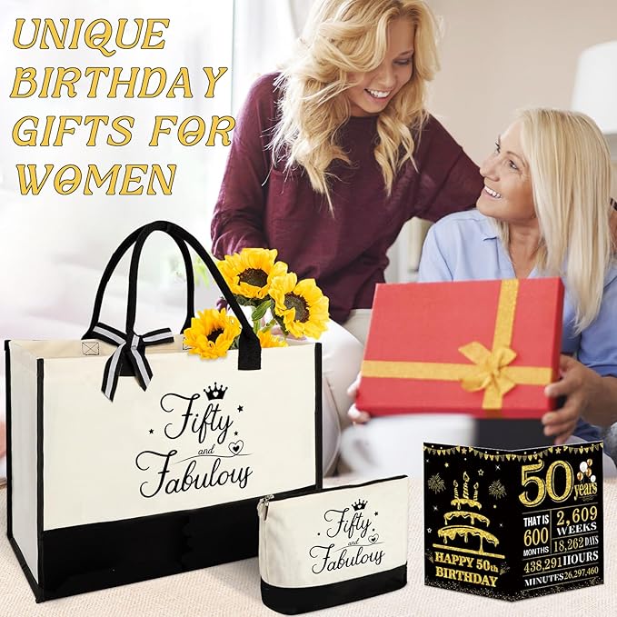 50th Birthday Gifts for Women, 50 & Fabulous Canvas Tote Bag and Makeup Bag