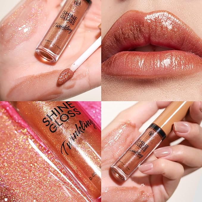 Metfdlaig Brown Lip Gloss Women Girls Plumping Lip Gloss Glitter Tinted Lip gloss Oil Plumper Hydrating Long Lasting Moisturizing Non Sticky Makeup lip gloss (05# Nude Brown Shimmer)