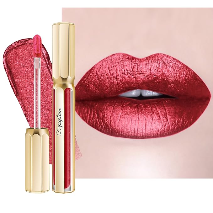Depuplum Red Lipsticks for Women Metallic Glitter Lipstick Long Lasting
