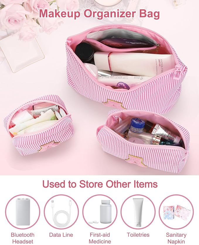 MONSTINA Personalized Initial Makeup Bag for Women,Monogram Make Up Case for Girlfriend Bridesmaid Wife,Birthday Gift for Her Cute Toiletry Bag,3PCS,Pink E