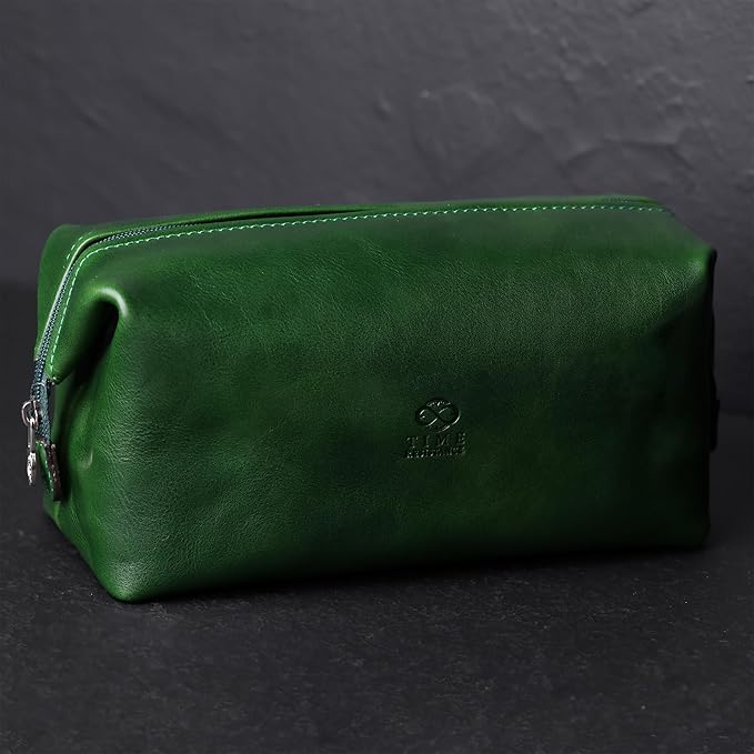 Time Resistance Leather Toiletry Bag - Italian Cosmetic Case Dopp Kit (Green)