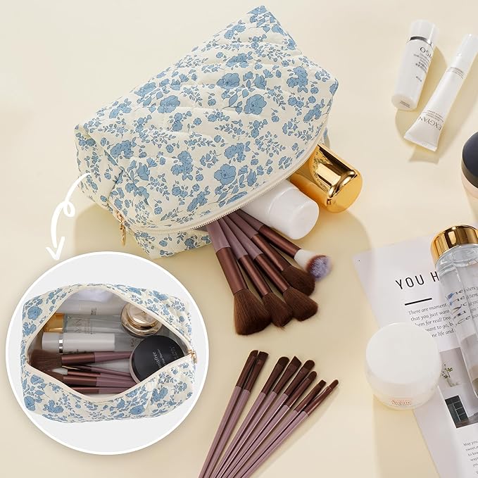 UUYUUY Makeup Bag Travel Toiletry Bag for Women, Small Cosmetic Bags Cute Quilted Cotton Makeup Pouch for Purse Emergency Bag Pencil Case Accessory Bag, Blue