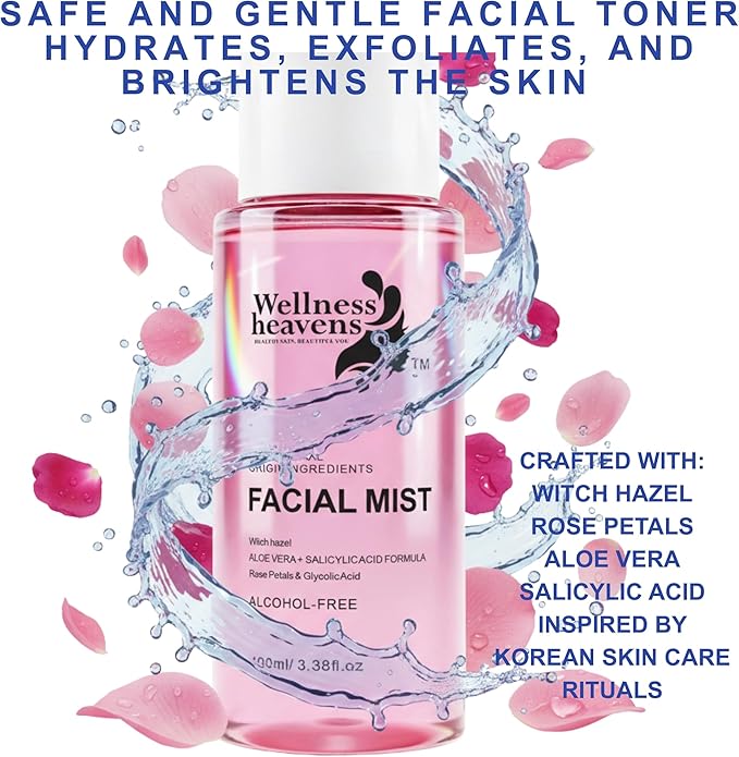 Wellness Heavens Hydrating Korean Facial Toner with Witch Hazel, Aloe Vera & Glycolic Acid – Alcohol Free Face Mist for Dry & Sensitive Skin, Pore Minimizing Daily Toner for Glowing Skin - 100ml