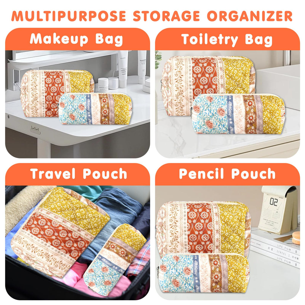 URSKYTOUS 2Pcs Floral Makeup Bag for Women Cotton Quilted Coquette Cosmetic Bag Cute Zipper Mixed Flower Makeup Pouch Aesthetic Portable Pencil Pouch Travel Toiletry Bag Trendy Cloth Skincare Bag