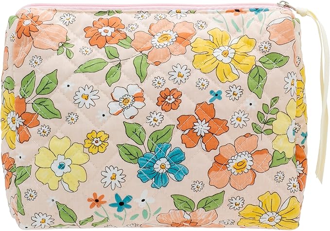 Quilted Makeup Pouch for Women, Travel Cosmetic&Toiletry Bag,Floral Orange
