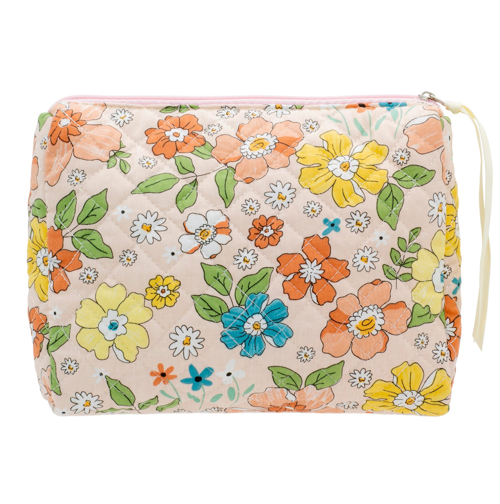 Quilted Makeup Pouch for Women, Travel Cosmetic&Toiletry Bag,Floral Orange