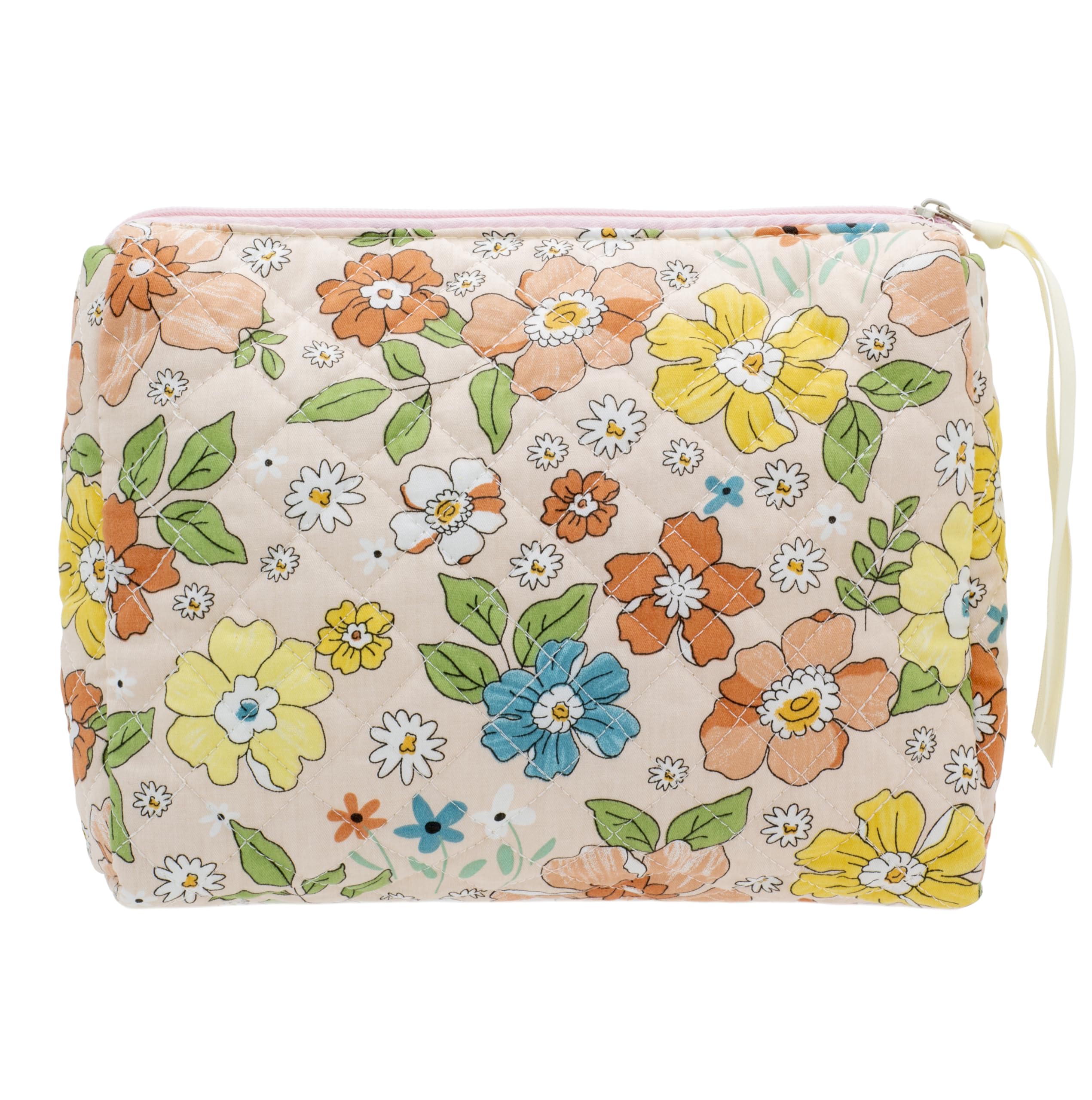 Quilted Makeup Pouch for Women, Travel Cosmetic&Toiletry Bag,Floral Orange