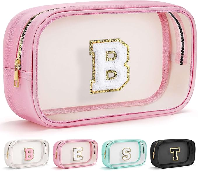 YOOLIFE Initial Clear Makeup Bag Initial Travel Makeup Bags Pouch, Clear Toiletry Bags for Women Travel Accessories Cosmetic Bag for Teen Girl Birthday Gifts for Teacher Mom Pink B