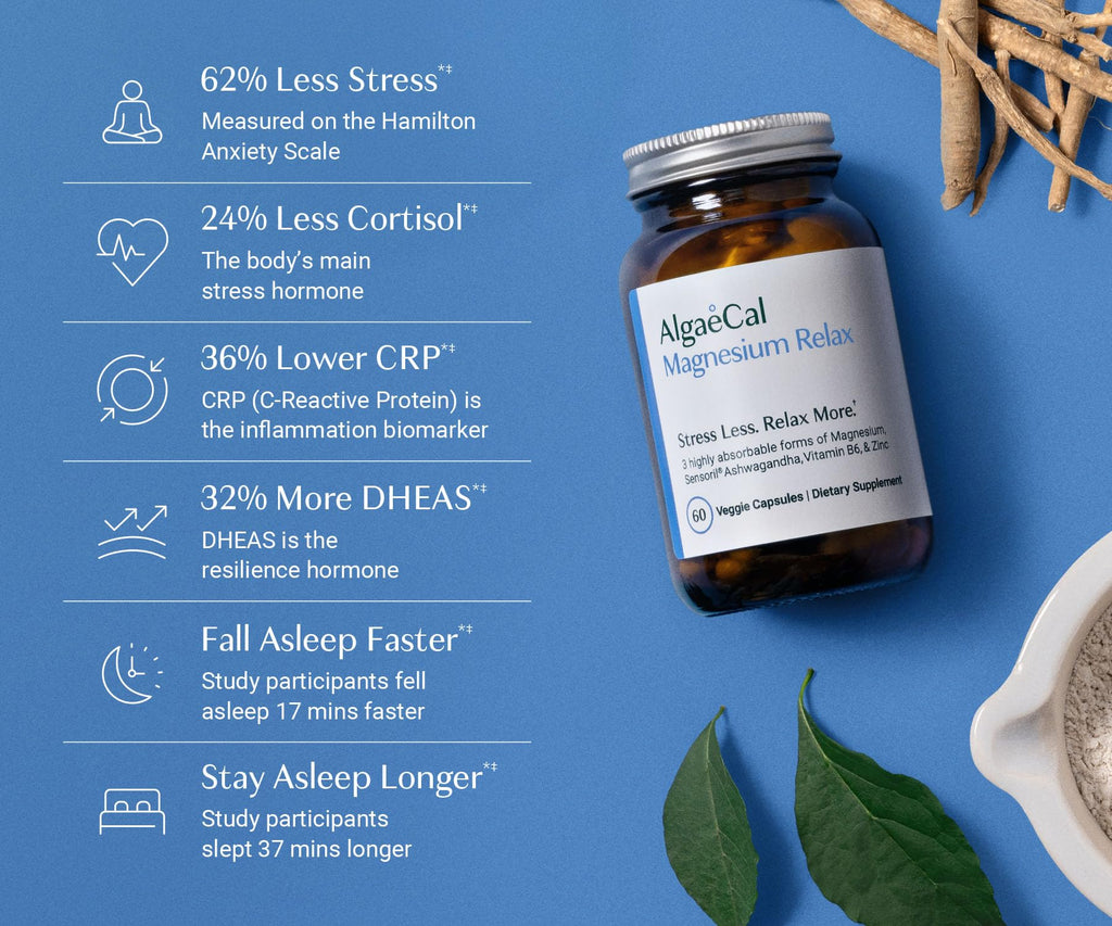 AlgaeCal Magnesium Relax for Sleep, Stress, & Cortisol Support, 60 Caps