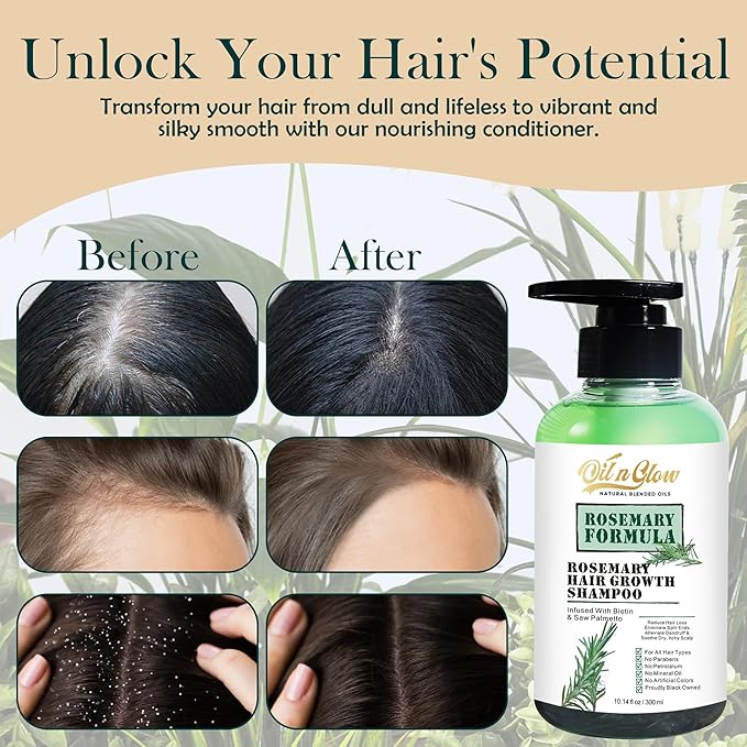 OilnGlow USDA Organic Rosemary Shampoo For Hair Growth For Thickening & Strengthening for Men & Women with Biotin, Scalp DHT Blocker Saw Palmetto For Thinning Hair Loss 10 Fl. Oz- Fragrance Free