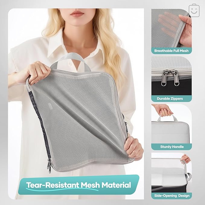 Veken 9/11 Set Compression Packing Cubes Garment Bags for Travel Essentials,Compressible Expandable Luggage Organizer Bags for Clothing,Space Saver Bags with Over 1000 pcs of Mesh Holes(Black)