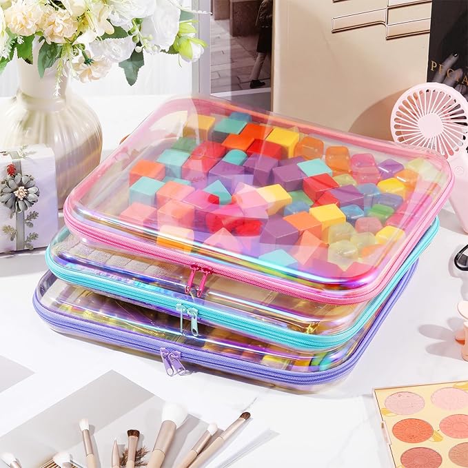 Hoolerry 3 Pcs Clear Hard Zipper Case Hard Plastic Zipper Pouch Makeup Bag Portable Travel Organizer for Cosmetics, Office Supplies, Documents & Toiletries(Laser,L)