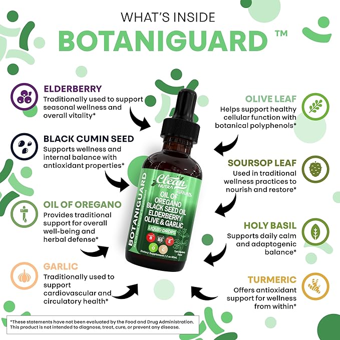 Clean Nutra Oil of Oregano Drops Black Seed Oil Elderberry Vitamin D D3 K2 Olive Garlic Immune Support Supplement Zinc Supplements Liquid 2 Fl Oz Vegan