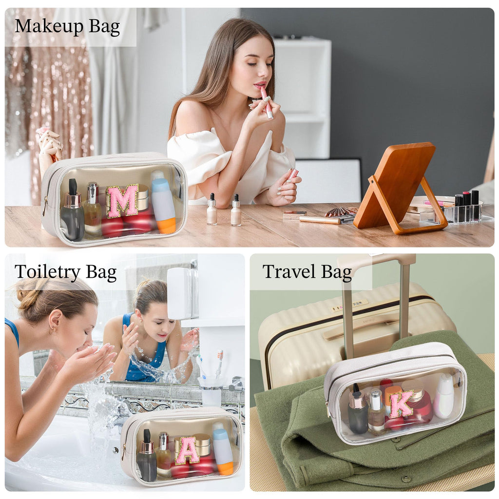 YOOLIFE Initial Make Up Bag Travel Toiletry Bag, Clear Makeup Bag Preppy Cosmetic Bag Clear Makeup Bags With Zipper Girlfriend Teacher 6 Year Old Girl Gifts Daughter Gifts Swim Gifts For Girls White M