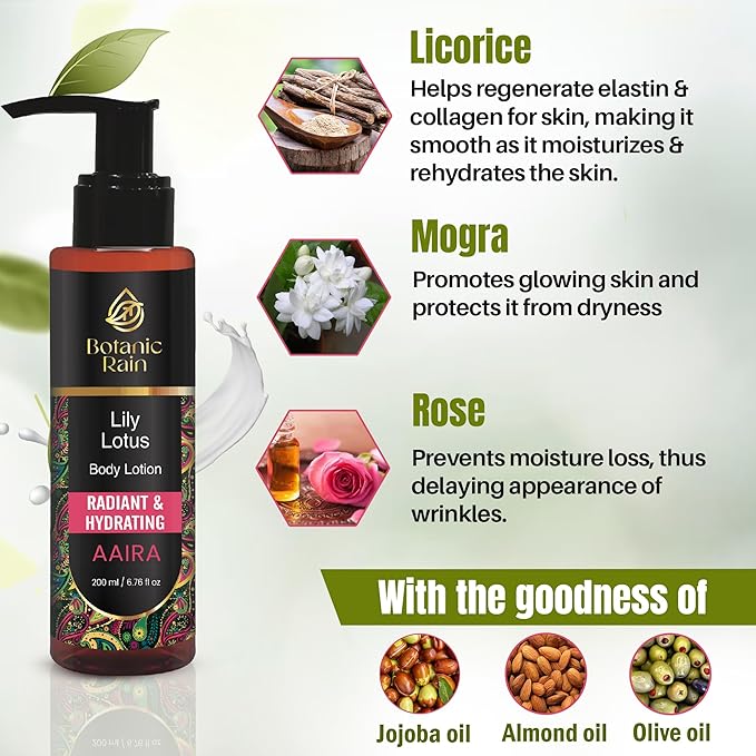 Botanic Rain Organic Body Lotion for Dry & Crepey Skin – Lightweight Non-Greasy Ayurvedic Daily Moisturizer with Lily & Lotus, 6.76 fl oz (1)