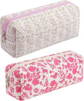 HHQQWZ Cute Floral Cotton Makeup Brush Cosmetic Bag for Women, Travel Quilted Zipper Make Up Bag, Flowers Toiletry Organizer Case Kawaii Makeup Cosmetic Travel Cloth Pouch (Pink+Big Red Floral)