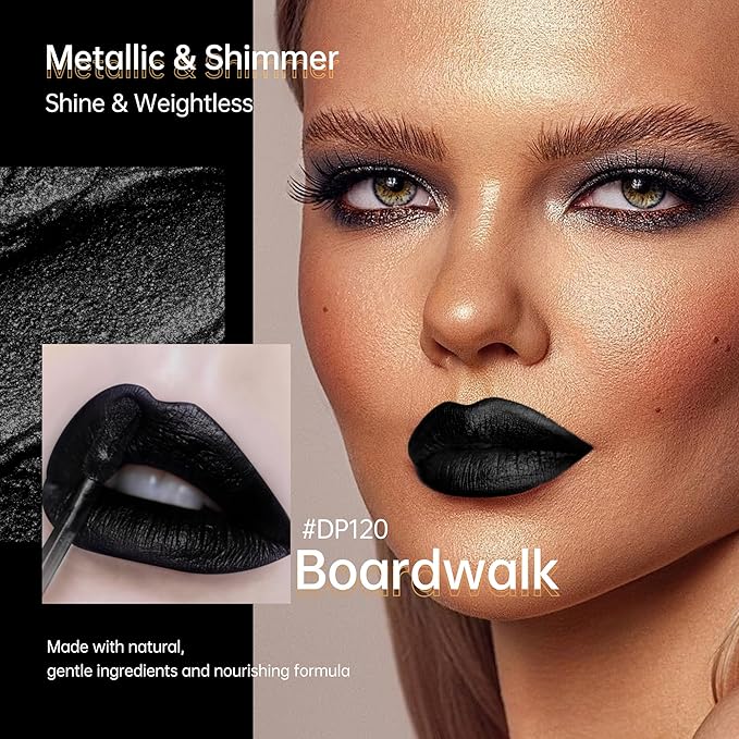 Depuplum Black Lipsticks for Women Metallic Glitter Lipstick Long Lasting