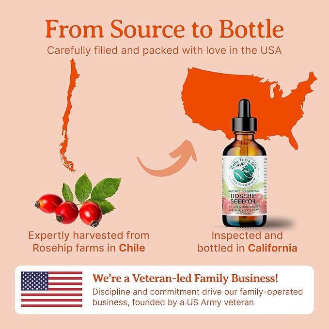 Bella Terra Oils - Organic Rosehip Oil 4 oz - Hailing from the Finest Rosa Mosqueta, Abundant in Omega-6 & Omega-3 Fatty Acids, Pure Radiance for Face