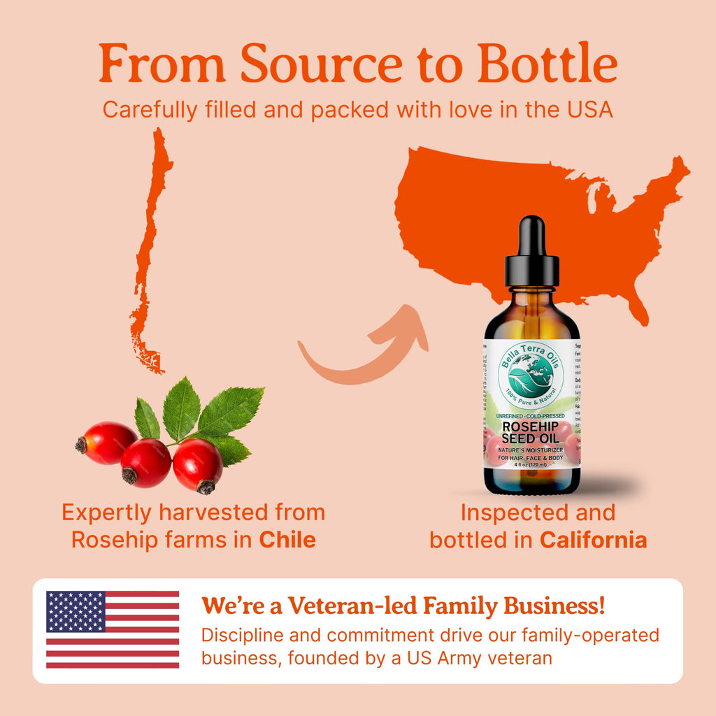 Bella Terra Oils - Organic Rosehip Oil 4 oz - Hailing from the Finest Rosa Mosqueta, Abundant in Omega-6 & Omega-3 Fatty Acids, Pure Radiance for Face