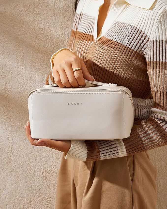 EACHY Travel Makeup Bag, Large Capacity Cosmetic Bags for Women, Waterproof Portable Open Flat Toiletry Bag Make up Bag with Divider and Handle, Christmas Gifts (White, Medium)