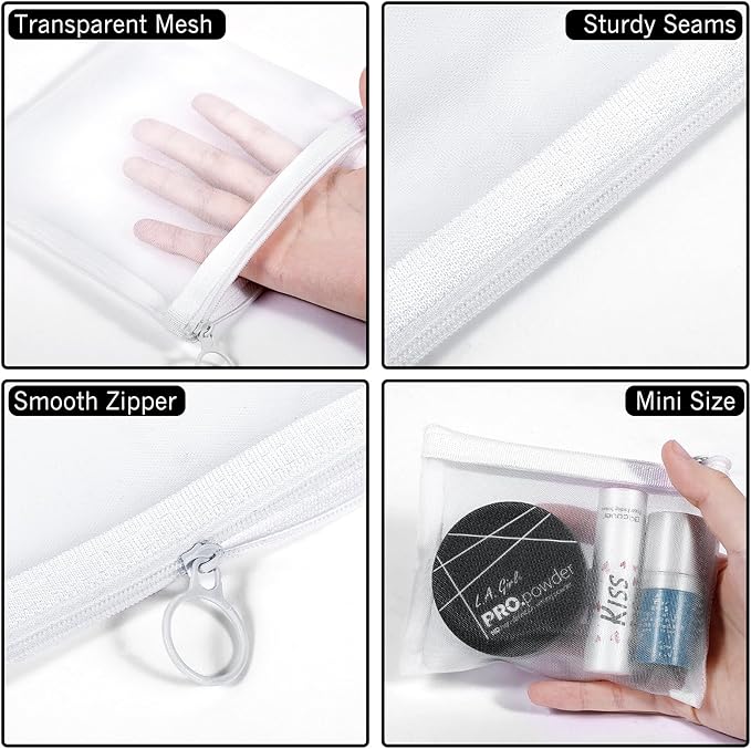 Fassave 8 Pack Mini Zipper Mesh Makeup Bags, Nylon Cosmetic Bags Toiletry Purse Travel Organizer Bags Inside Bag for Office Travel Organization (White, M)