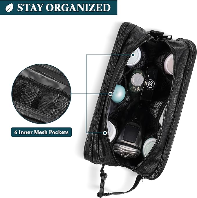 PAVILIA Toiletry Bag for Men, Travel Toiletries Bag | Water-resistant Dopp Kit, PU Leather Shaving Pouch Organizer for Accessories, Cosmetic, Hygiene, Grooming Essentials (XL, Black)