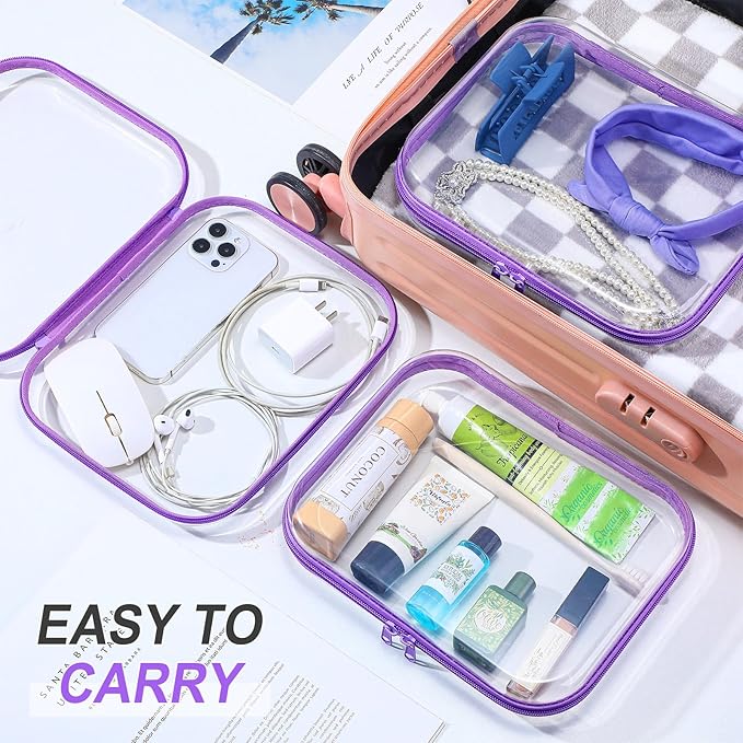 Sanwuta 6 Pcs Clear Hard Zipper Case Plastic Zipper Pouches Transparent Makeup Bag Pencil Case Pouches Toiletry Diaper Bag for Travel Toy Storage Organizer Bins(Purple,9.84 x 7.87 x 2 Inch)